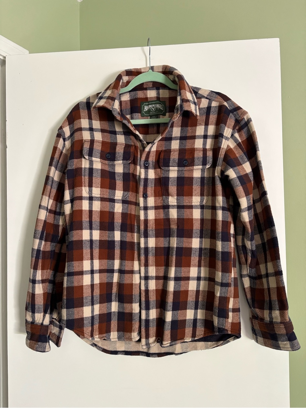 American Eagle 1977 Plaid Flannel Shirt Men’s Small Brown Navy Cream